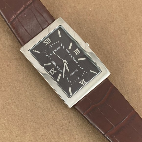 Kenneth Cole Signature Watch Silver Tone Brown Leather Band - Picture 3 of 9